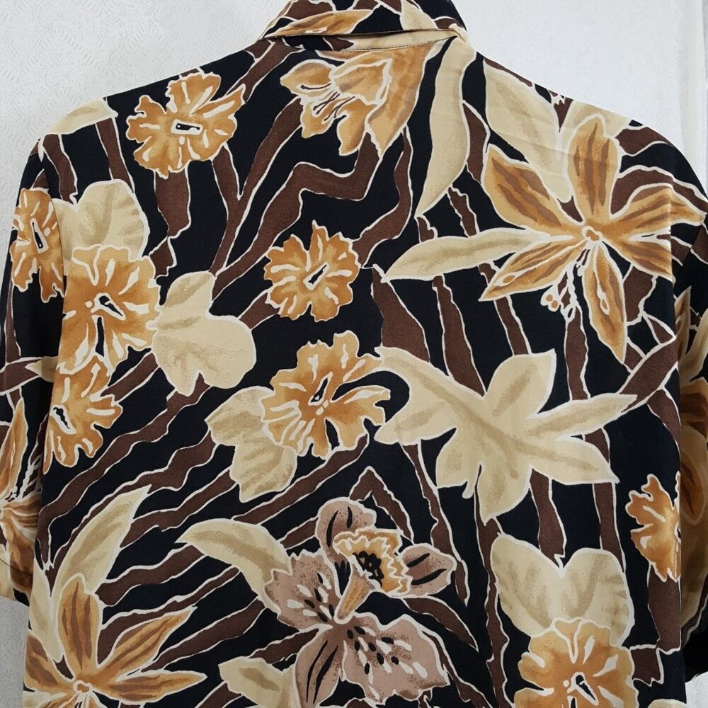 Men Hawaiian Luau Shirt 2X XXL Black Brown Orange Floral Hibiscus Button Front - Picture 5 of 7